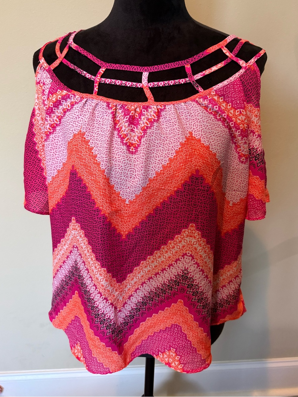 HeartSoul Pink and Orange Chevron Cold-Shoulder Blouse